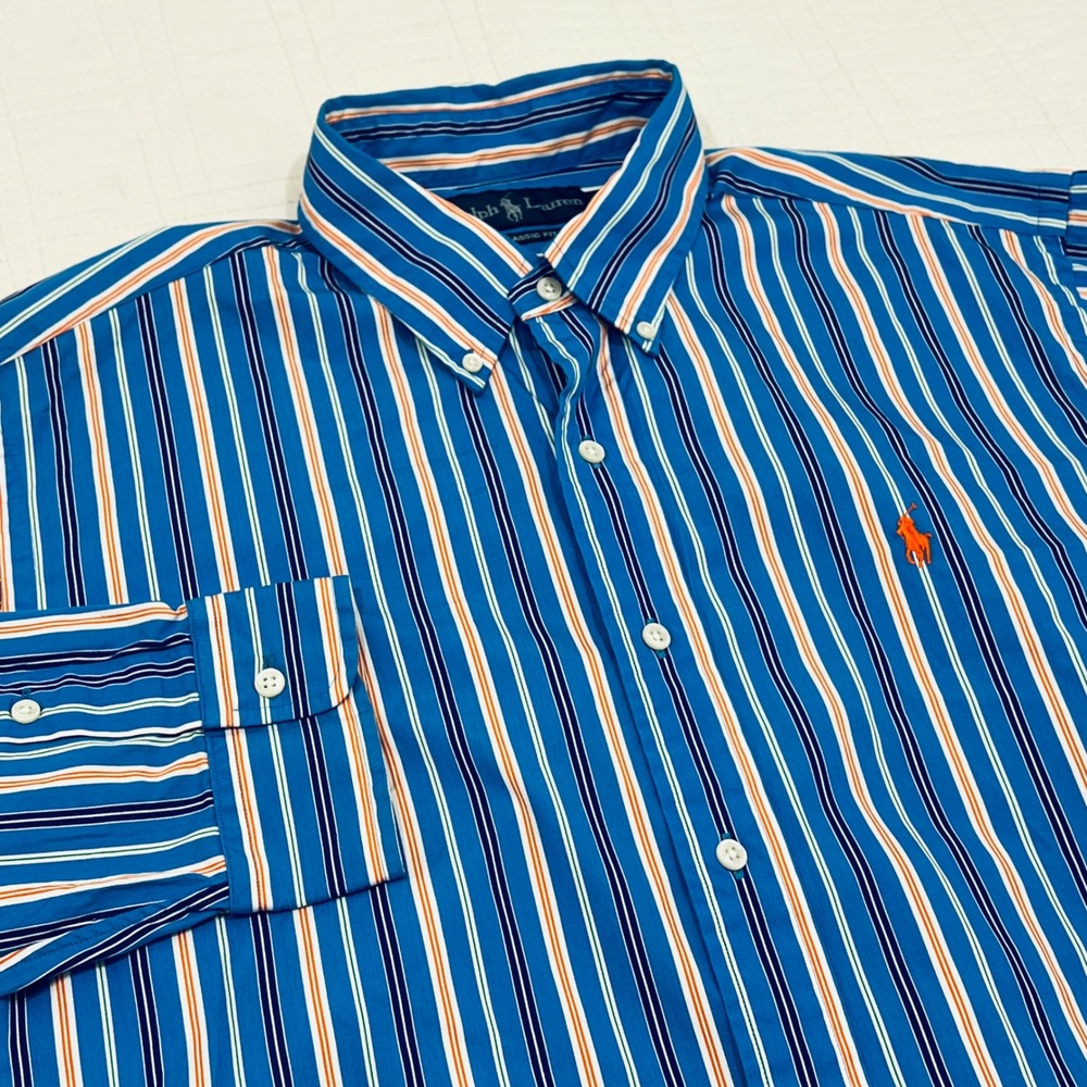 Ralph Lauren Mens Large Classic Fit Blue Orange Multi Stripe Button Down Shirt